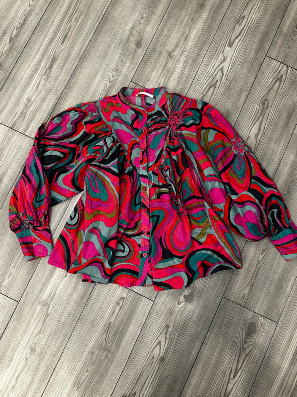 Karlie Swirl Button-Down Blouse - Pink, Teal, Black